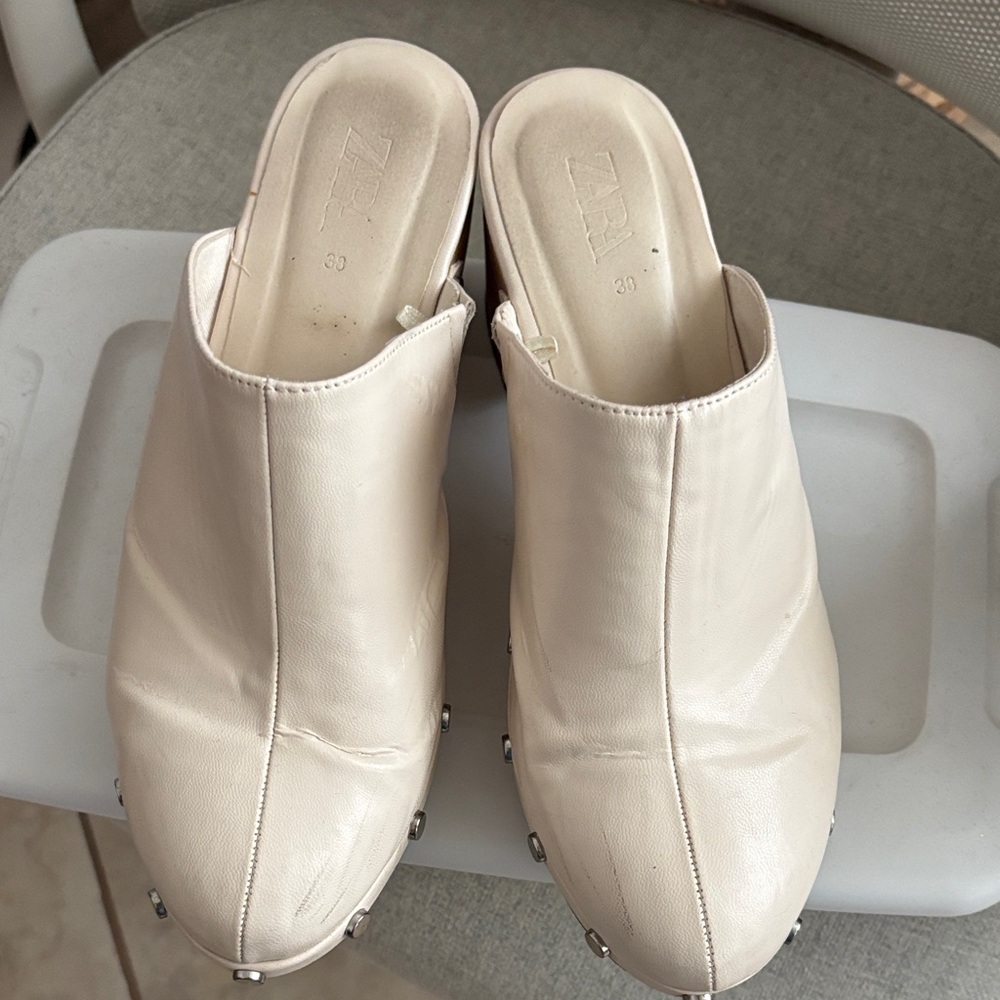 Zara Cream Leather Slip-On Clogs with Silver Studs
